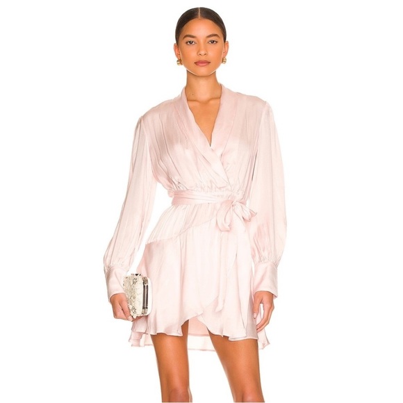 NWT Bardot Aaliyah Wrap Puff Sleeve Satin Mini Dress Blush Pink - Picture 1 of 9